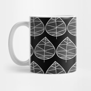 Geometric white doodle leaves on a black background. Mug